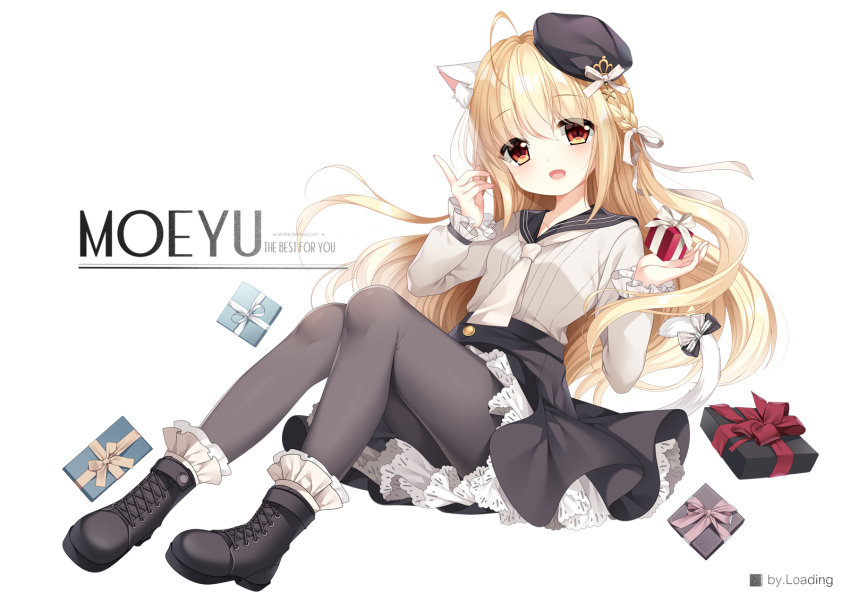 1girl :d ahoge animal_ear_fluff animal_ears bangs beret black_footwear black_headwear black_legwear black_sailor_collar black_skirt blonde_hair blush boots box breasts cat_ears cat_girl cat_tail commentary_request cross-laced_footwear eyebrows_visible_through_hair full_body gift gift_box hair_between_eyes hands_up hat highres holding holding_gift index_finger_raised knees_up lace-up_boots loading_(verjuice) long_hair long_sleeves looking_at_viewer open_mouth original pantyhose pleated_skirt red_eyes sailor_collar school_uniform serafuku shirt simple_background skirt sleeves_past_wrists small_breasts smile solo tail tilted_headwear very_long_hair white_background white_neckwear white_shirt