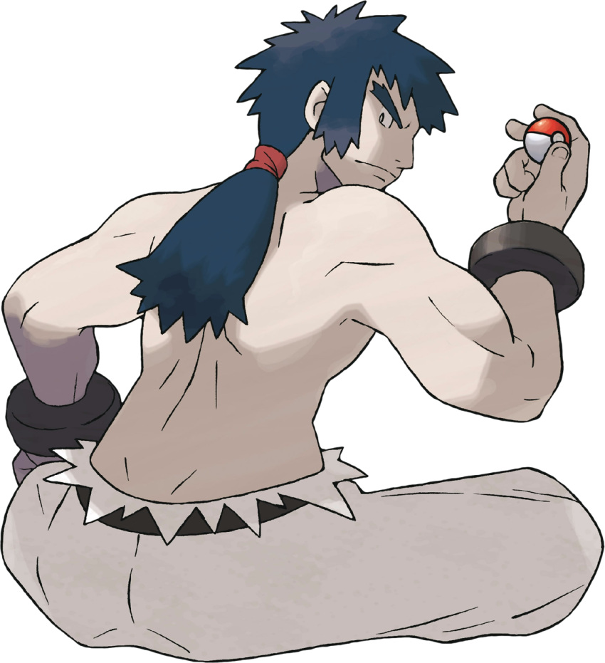 1boy black_eyes bright_pupils bruno_(pokemon) closed_mouth elite_four frown full_body hand_up highres holding holding_poke_ball long_hair looking_at_viewer looking_back male_focus muscular muscular_male official_art pants poke_ball poke_ball_(basic) pokemon pokemon_(game) pokemon_hgss ponytail shirtless sitting solo sugimori_ken tied_hair transparent_background