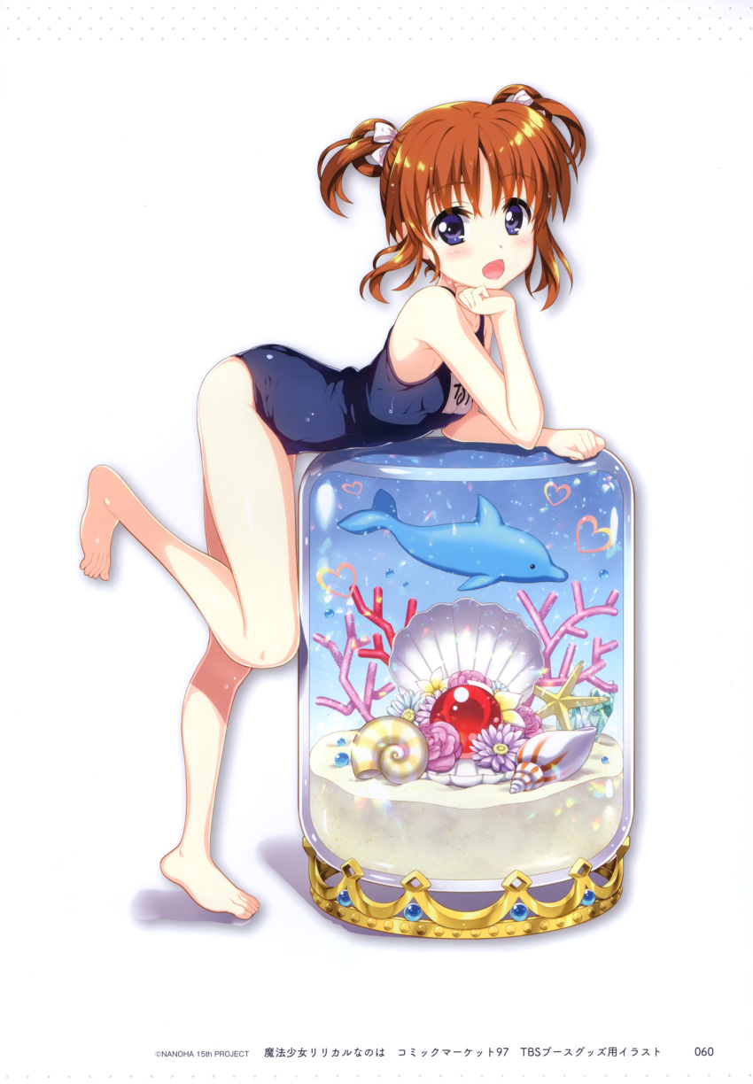 1girl absurdres bent_over blue_swimsuit blush fujima_takuya highres looking_at_viewer lyrical_nanoha mahou_shoujo_lyrical_nanoha name_tag old_school_swimsuit one-piece_swimsuit open_mouth orange_hair school_swimsuit shiny shiny_clothes shiny_hair shiny_skin short_hair short_twintails skindentation smile solo standing swimsuit takamachi_nanoha twintails violet_eyes