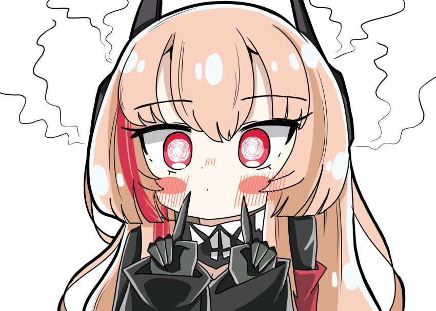 1girl @_@ bangs blush blush_stickers eyebrows_visible_through_hair girls_frontline headgear index_fingers_raised light_brown_hair long_hair long_sleeves m4_sopmod_ii_(girls_frontline) multicolored_hair red_eyes redhead scarf senlong45 simple_background solo streaked_hair white_background