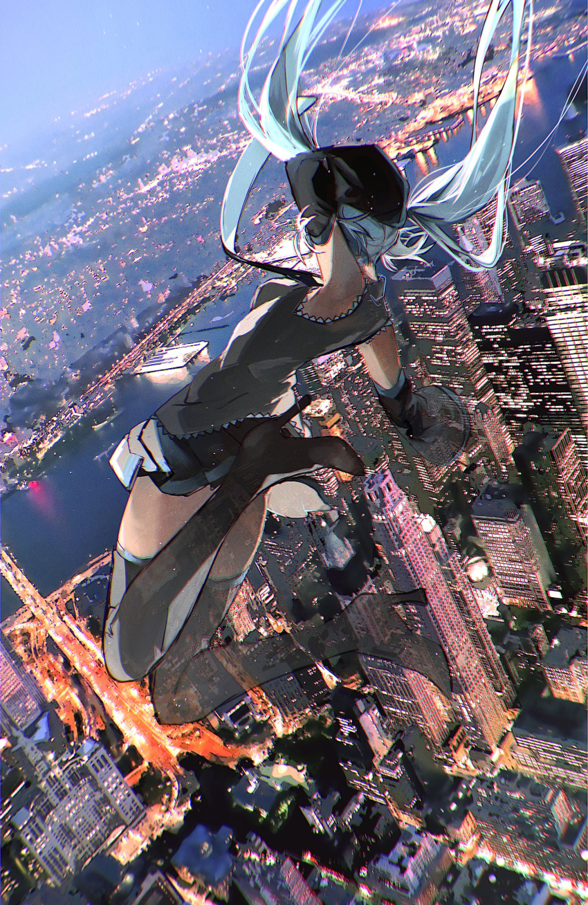 1girl absurdres aqua_hair aqua_necktie arm_up black_footwear black_shirt black_skirt boots breasts building city commentary_request detached_sleeves falling from_behind hatsune_miku high_heels highres long_hair medium_breasts necktie outdoors pleated_skirt river shirt skirt solo thigh_boots twintails utsuhostoria very_long_hair vocaloid water