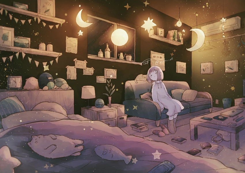 1girl absurdres bed boots brown_hair cat closed_eyes closed_mouth couch crescent_moon highres hood hoodie huge_filesize indoors long_sleeves lupinus4869 moon night original oversized_clothes sleeves_past_wrists slippers_removed solo star_(symbol) stuffed_animal stuffed_toy window