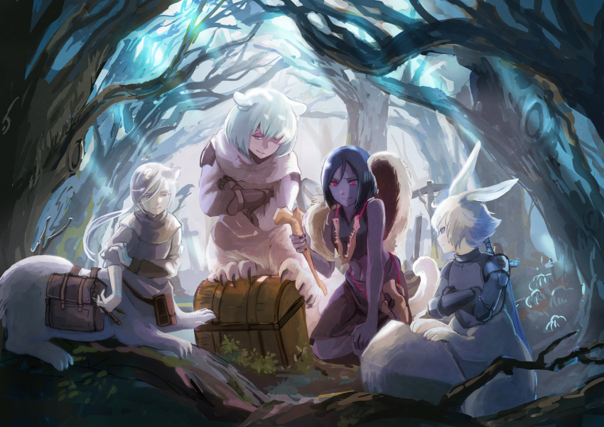 4girls animal_ears black_gloves blue_eyes bone centauroid claws crop_top dark_skin dark-skinned_female facial_tattoo forest gloves hair_between_eyes highres imacomai light_blue_hair long_hair long_sleeves multiple_girls nature outdoors paws pixiv_fantasia_mountain_of_heaven pouch rabbit_ears red_eyes saddlebags short_hair tail tattoo toned treasure_chest white_hair