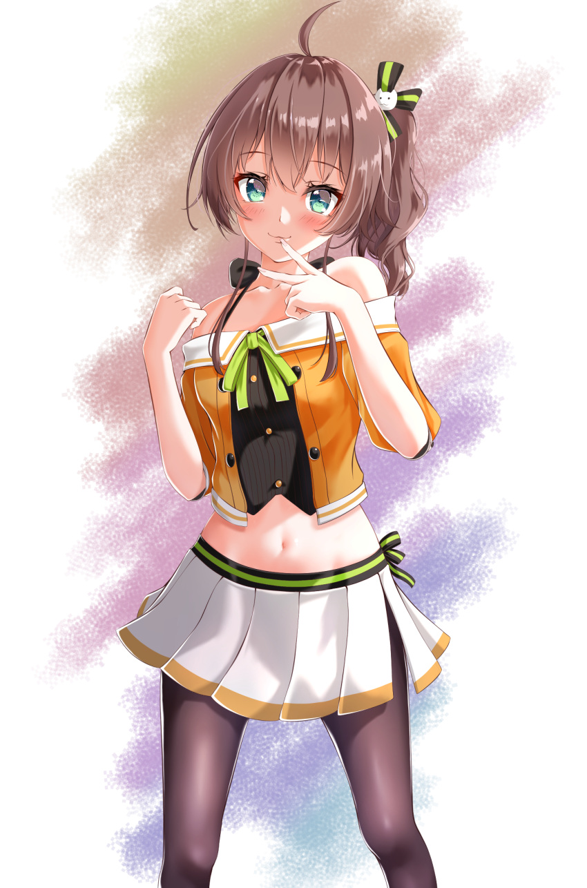 1girl :3 ahoge bangs bare_shoulders black_bow black_ribbon blush bow brown_hair brown_legwear buttons cat_hair_ornament closed_mouth collarbone commentary_request eyebrows_visible_through_hair green_eyes green_ribbon hair_between_eyes hair_ornament hair_ribbon hands_up highres hololive jacket looking_at_viewer medium_hair medium_skirt midriff natsuiro_matsuri navel off-shoulder_jacket orange_jacket pantyhose pleated_skirt ribbon shiny shiny_hair side_ponytail skirt smile solo standing stomach v virtual_youtuber white_skirt yakatora