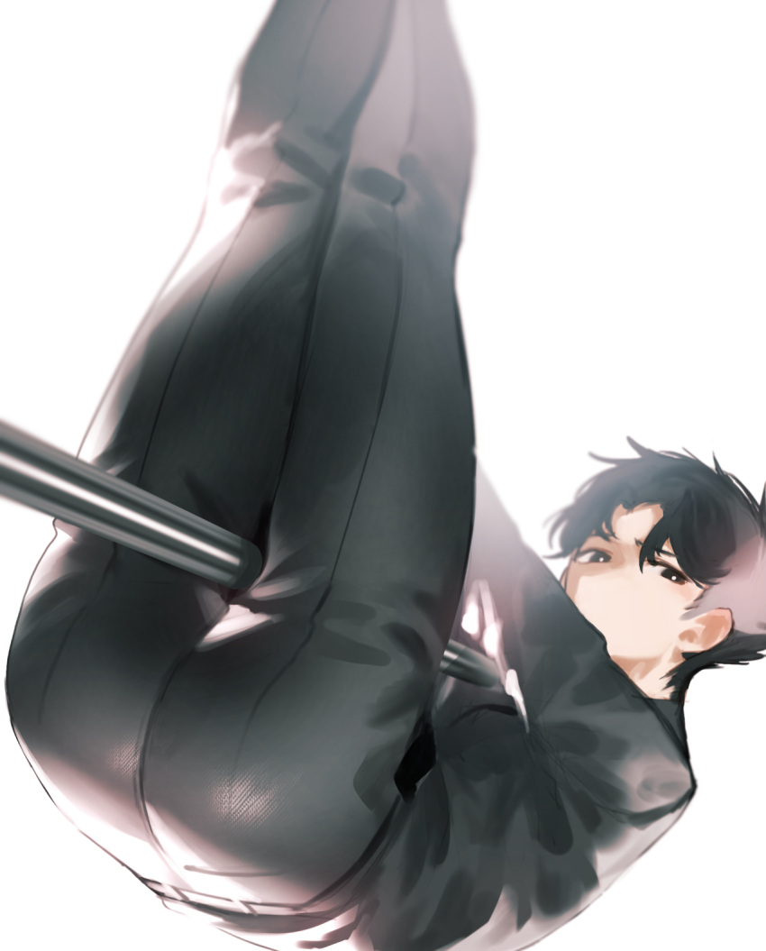 1boy ass bangs between_legs black_hair black_pants black_suit bloom formal hands_up highres ishida_(segu_ishida) jacket legs_together legs_up looking_at_viewer male_focus original pants parted_bangs pole short_hair simple_background solo suit