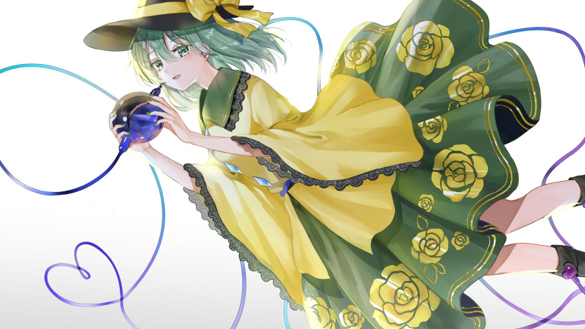 1girl :d bangs black_footwear black_headwear blouse boots bow dutch_angle eyeball feet_out_of_frame floral_print green_hair green_neckwear green_skirt hair_between_eyes hat hat_bow highres holding komeiji_koishi looking_at_viewer medium_hair open_mouth piyo_(sqn2idm751) simple_background skirt smile solo third_eye touhou white_background wide_sleeves yellow_blouse yellow_bow