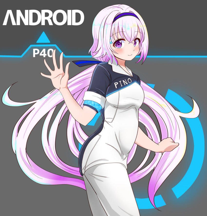 .live 1girl alternate_costume black_background blush carro_pino commentary_request detroit:_become_human hair_ornament headband highres long_hair looking_at_viewer low_twintails pants purple_hair rikuton shirt simple_background smile solo twintails violet_eyes waving