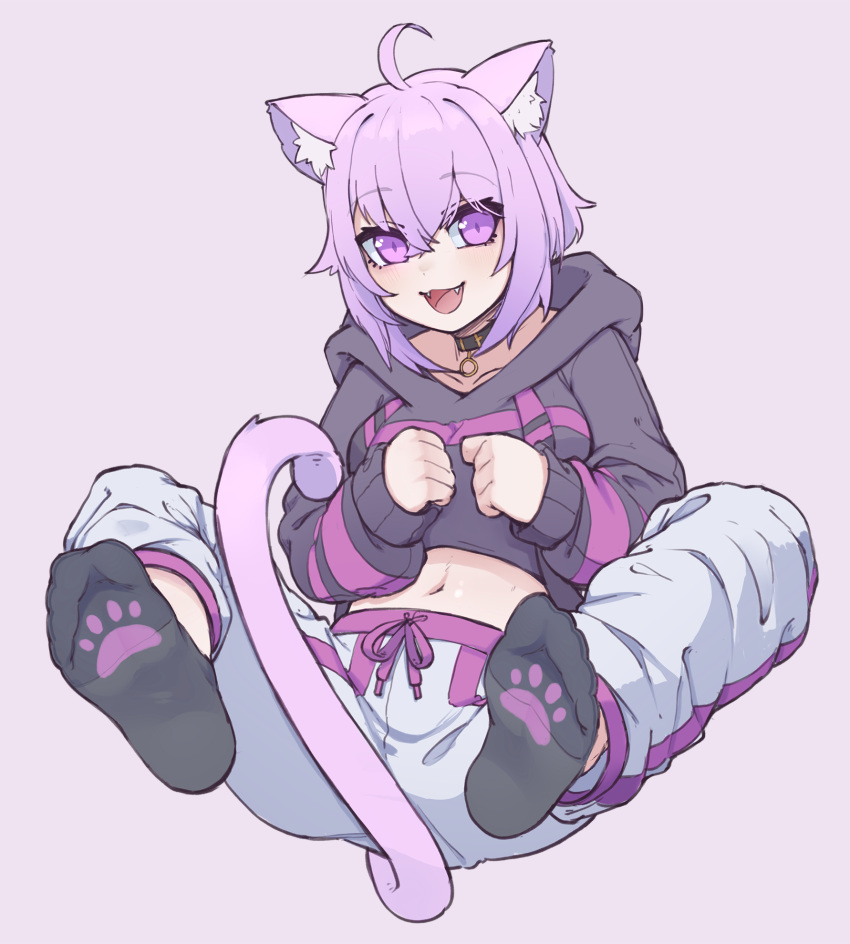 1girl animal_ear_fluff animal_ears black_collar breasts cat_ears cat_girl collar collarbone cowlick english_commentary english_flag fangs feet highres hololive hood hoodie k-rha's looking_to_the_side medium_breasts navel nekomata_okayu open_mouth pants paw_print purple_background purple_hair reward_available short_hair smile socks soles solo sweatpants tail virtual_youtuber