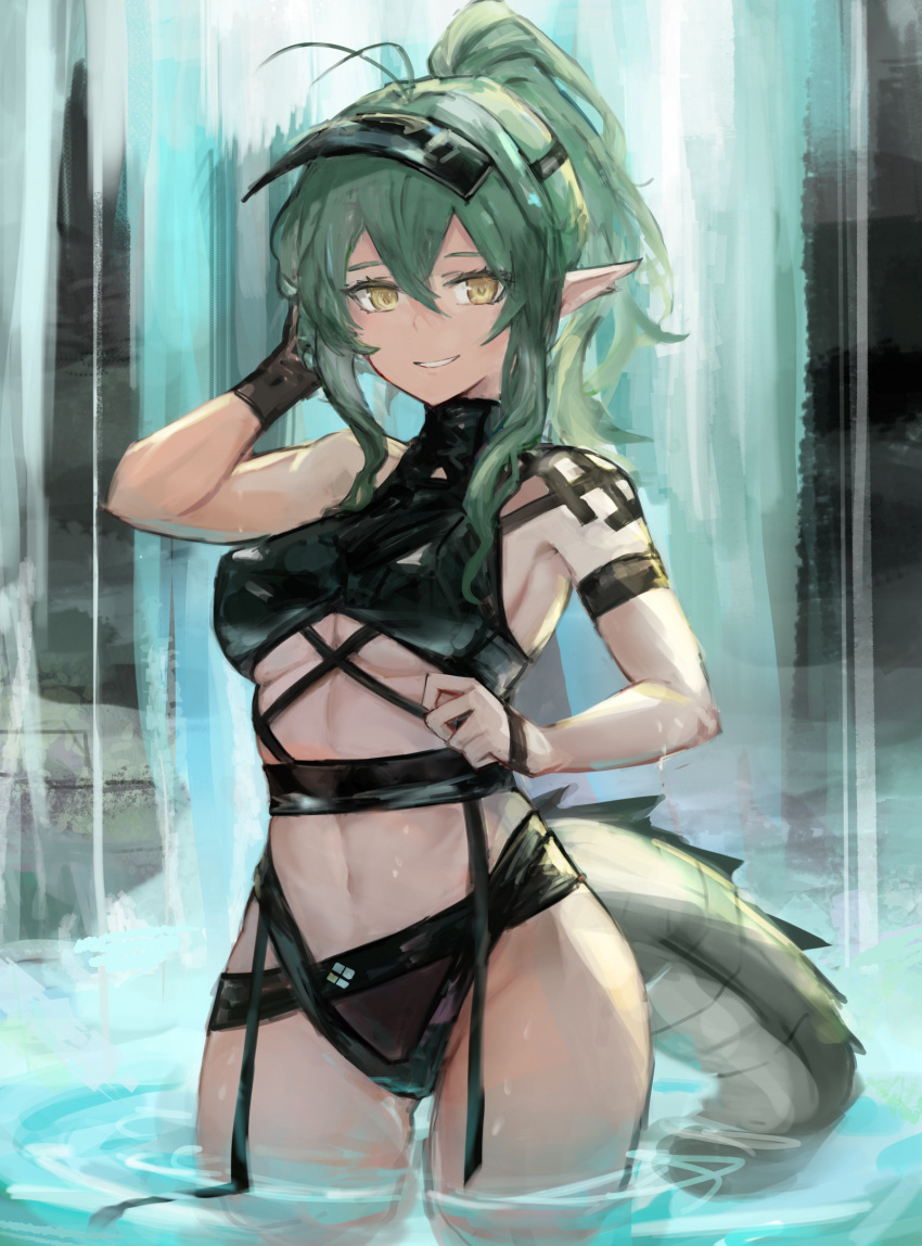 1girl antenna_hair arknights bare_shoulders black_gloves black_headwear black_swimsuit breasts casual_one-piece_swimsuit commentary cowboy_shot crocodilian_tail english_commentary gavial_(arknights) gloves gnai green_hair grin highres medium_breasts navel one-piece_swimsuit parted_lips pointy_ears pond ponytail sidelocks single_glove smile solo stomach swimsuit tail under_boob wading water waterfall yellow_eyes
