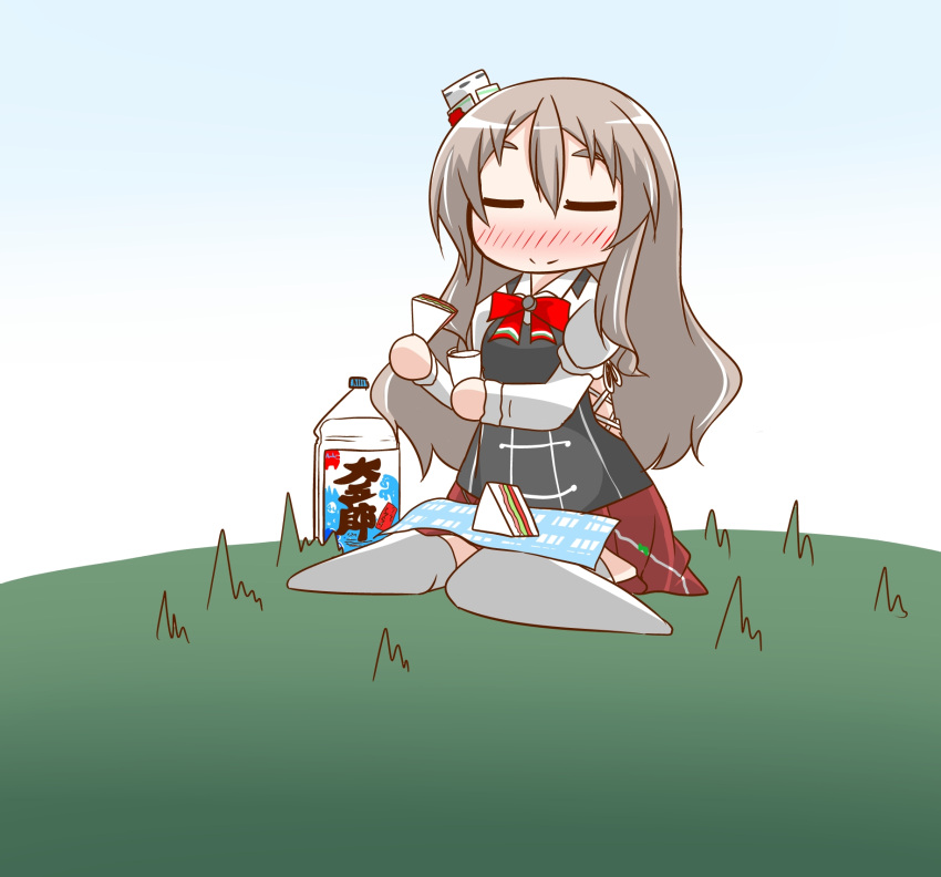 1girl alcohol blush bottle closed_eyes commentary_request corset day food glass gradient_sky grey_hair hat highres hill kantai_collection mini_hat nanakusa_nazuna nose_blush outdoors pola_(kancolle) red_neckwear sandwich shirt sitting sky smile solo thick_eyebrows thigh-highs tilted_headwear wariza wavy_hair white_legwear white_shirt