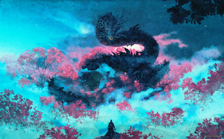 1boy anatofinnstark black_hair cherry_blossoms dragon eastern_dragon from_behind holding holding_sword holding_weapon katana outdoors scenery sekiro sekiro:_shadows_die_twice short_hair size_difference sky solo standing sword topknot tree weapon wide_shot
