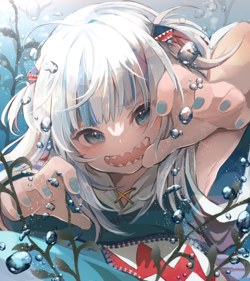 1girl :d bangs blue_eyes blue_hair blue_hoodie blue_nails blunt_bangs commentary_request gawr_gura hair_ornament hands_up highres hololive hololive_english hood hoodie long_hair long_sleeves looking_at_viewer multicolored_hair open_mouth ruohire9 shark_hair_ornament sharp_teeth smile solo streaked_hair tail teeth underwater upper_body virtual_youtuber water white_hair