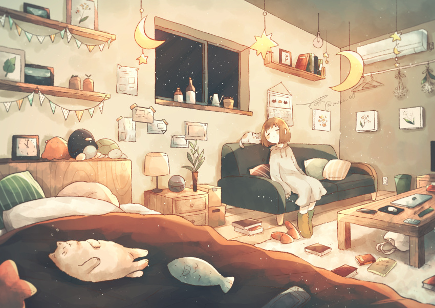 1girl absurdres bed boots brown_hair cat closed_eyes closed_mouth couch crescent_moon highres hood hoodie indoors long_sleeves lupinus4869 moon night original oversized_clothes sleeves_past_wrists slippers_removed solo star_(symbol) stuffed_animal stuffed_toy window
