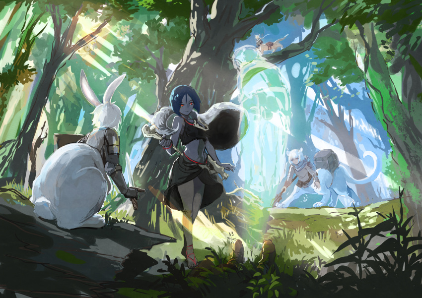 1boy 4girls armor blue_hair blue_scarf bone bunny_girl cape centauroid cornelia_(mountain_of_heaven) corpse crop_top dark_skin dark-skinned_female day forest from_behind fur_cape gauntlets ghost grass highres holding holding_bone holding_sword holding_weapon imacomai in_tree kanabi_(mountain_of_heaven) log multiple_girls nature outdoors pixiv_fantasia_mountain_of_heaven polearm red_eyes repa_(mountain_of_heaven) scarf shield short_hair sketch skull sphinx standing sunlight sword tail tree weapon white_hair yora_(mountain_of_heaven)