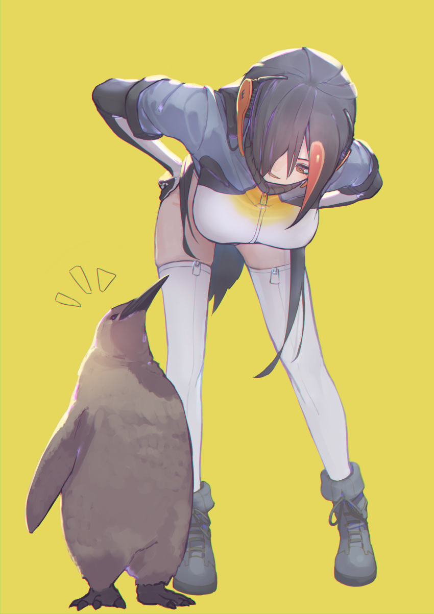 1girl absurdres asymmetrical_hair bent_over bird black_footwear black_gloves black_hair boots breasts brown_eyes commentary don3 elbow_gloves full_body gloves hair_over_one_eye hands_on_hips headphones highres jacket kemono_friends king_penguin_(kemono_friends) large_breasts leaning_forward multicolored multicolored_clothes multicolored_hair multicolored_jacket notice_lines open_mouth orange_hair penguin penguin_print short_hair simple_background smile solo standing streaked_hair thigh-highs thighs two-tone_hair white_gloves white_legwear yellow_background zipper zipper_legwear