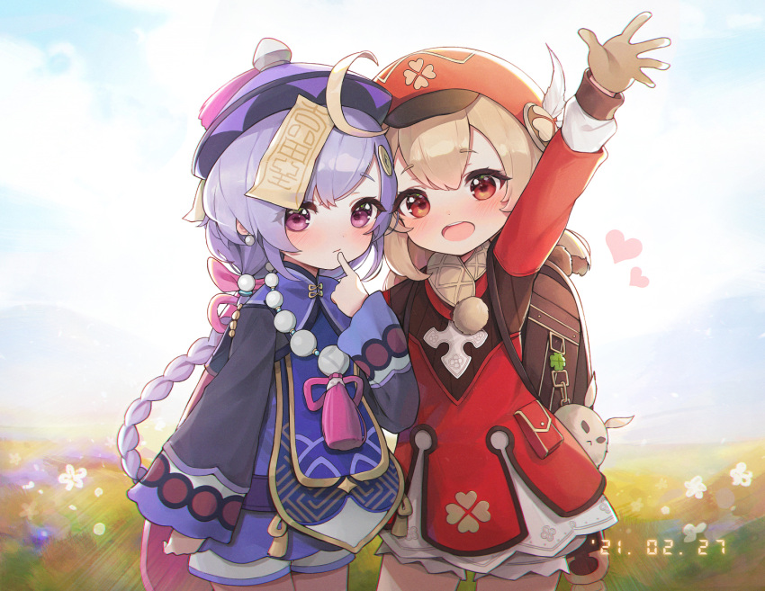 2girls :d ahoge arm_up backpack bag black_jacket blush braid brown_gloves cabbie_hat closed_mouth commentary_request cropped_jacket dated day dress feathers finger_to_mouth flower genshin_impact gloves hair_ornament hand_up hat hat_feather heart jacket klee_(genshin_impact) light_smile long_hair long_sleeves looking_at_viewer low_twintails lunia multiple_girls ofuda open_mouth outdoors purple_dress purple_hair purple_headwear qing_guanmao qiqi_(genshin_impact) red_dress red_eyes red_headwear short_shorts shorts single_braid smile standing twintails upper_teeth very_long_hair violet_eyes white_feathers white_flower white_shorts wide_sleeves