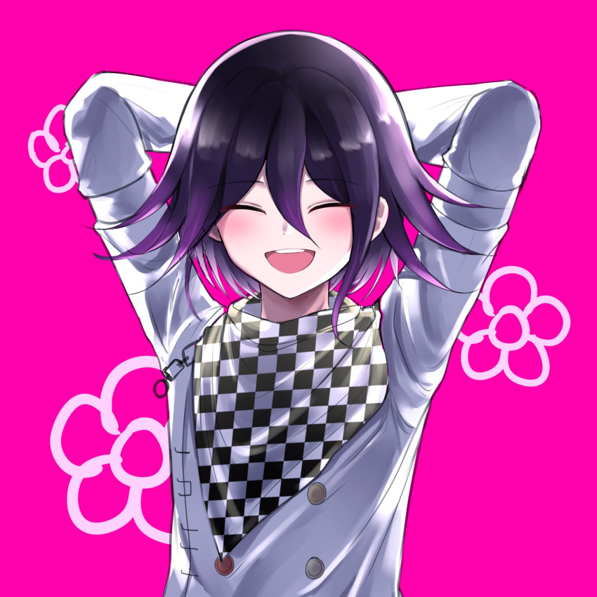1boy :d arms_behind_head arms_up bangs black_hair checkered checkered_floor checkered_scarf commentary_request danchu_(danchu0628) dangan_ronpa_(series) dangan_ronpa_v3:_killing_harmony floral_print gradient gradient_background hair_between_eyes highres jacket long_sleeves male_focus multicolored_hair open_mouth ouma_kokichi pink_background pink_hair purple_hair scarf short_hair smile solo straitjacket two-tone_hair upper_body upper_teeth violet_eyes white_jacket