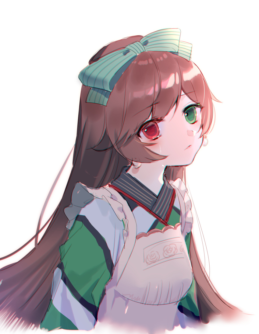 1girl apron blush bow brown_hair closed_mouth commentary_request cropped_torso earrings frilled_apron frills green_bow green_eyes green_kimono hair_bow heterochromia highres japanese_clothes jewelry kimono long_hair looking_at_viewer moseley red_eyes rozen_maiden simple_background solo striped striped_bow suiseiseki upper_body very_long_hair white_apron white_background white_kimono