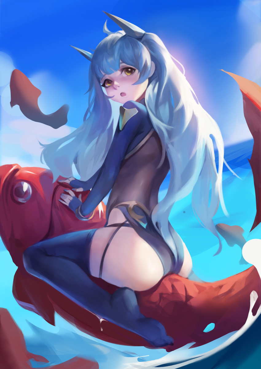 1girl absurdres ass blue_hair blue_nails blue_sky carp character_request chinese_commentary commentary_request copyright_request day elbow_gloves ezi fingerless_gloves fish from_behind gloves highleg highleg_swimsuit highres horns long_hair looking_at_viewer ocean one-piece_swimsuit open_mouth riding sky solo_focus swimsuit thigh-highs turning_head twintails wet wet_clothes yellow_eyes