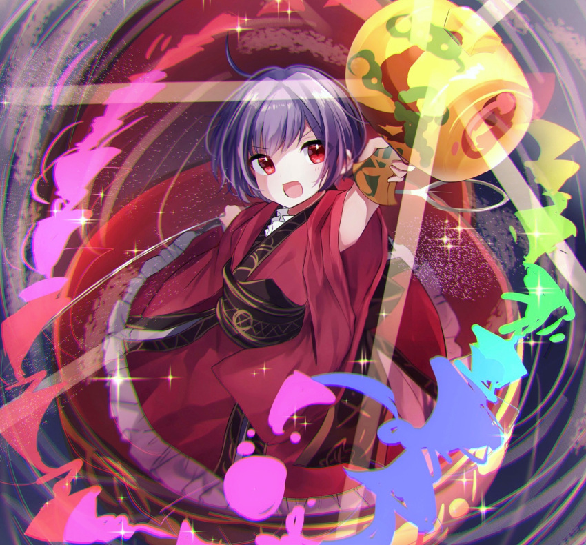 1girl bangs bowl eyebrows_visible_through_hair full_body highres holding holding_mallet holding_sword holding_weapon in_container japanese_clothes kimono light_particles long_sleeves mallet miracle_mallet moshihimechan no_hat no_headwear open_mouth purple_hair rainbow_order red_eyes red_kimono sash short_hair smile solo sukuna_shinmyoumaru sword touhou v-shaped_eyebrows weapon wide_sleeves