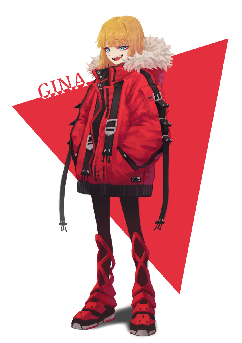 1girl absurdres blonde_hair blue_eyes character_name english_text eyebrows_visible_through_hair fur-trimmed_hood fur_trim hands_in_pockets highres hood hood_down hooded_jacket jacket looking_at_viewer open_mouth original pouch red_footwear red_jacket red_theme simple_background smile solo standing teeth tongue triangle upper_teeth white_background yoon_cook