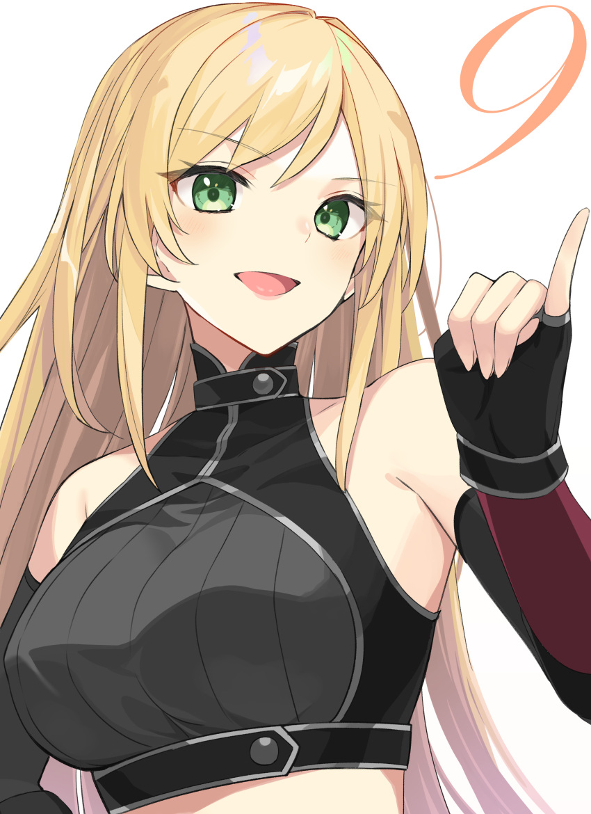 1girl :d absurdres bare_shoulders black_gloves black_shirt blonde_hair breasts crop_top elbow_gloves fingerless_gloves gloves green_hair hand_up highres leila_(ore_dake_haireru_kakushi_dungeon) long_hair looking_at_viewer medium_breasts midriff open_mouth ore_dake_haireru_kakushi_dungeon pinky_out shirt sleeveless sleeveless_shirt smile solo takehana_note upper_body white_background