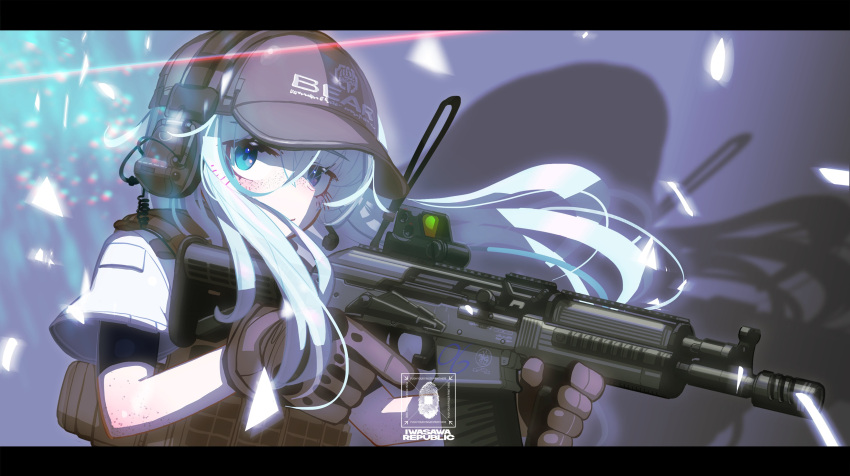 1girl abstract_background absurdres assault_rifle bangs blue_eyes brown_vest closed_mouth commentary_request escape_from_tarkov floating_hair freckles from_side gloves grey_gloves grey_headwear gun hair_between_eyes hat headphones highres holding holding_gun holding_weapon iwasawayuki light long_hair looking_at_viewer original pale_skin rifle scope shaded_face short_sleeves sidelocks silver_hair solo trigger_discipline vest visor_cap weapon