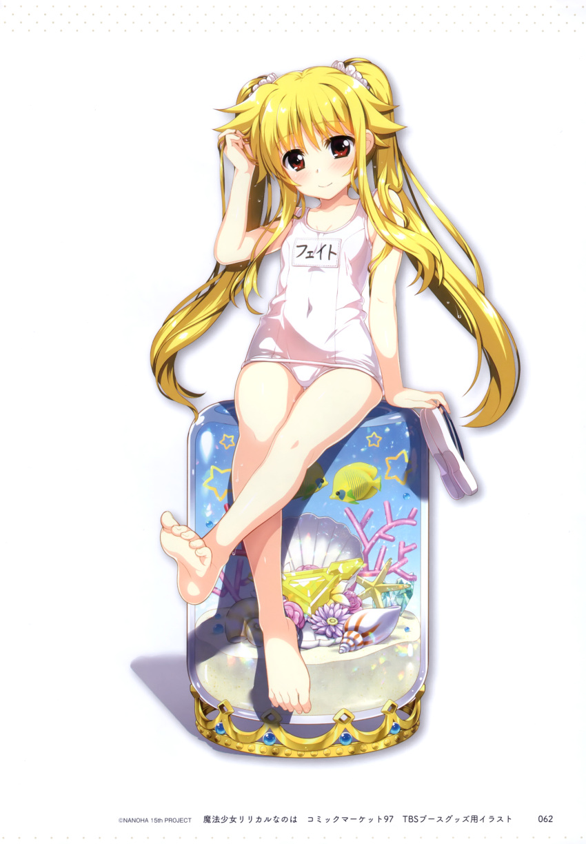 1girl absurdres blonde_hair blush covered_navel fate_testarossa feet fujima_takuya highres looking_at_viewer lyrical_nanoha mahou_shoujo_lyrical_nanoha name_tag old_school_swimsuit one-piece_swimsuit red_eyes school_swimsuit shiny shiny_clothes shiny_hair shiny_skin skindentation smile solo standing swimsuit toes twintails white_swimsuit