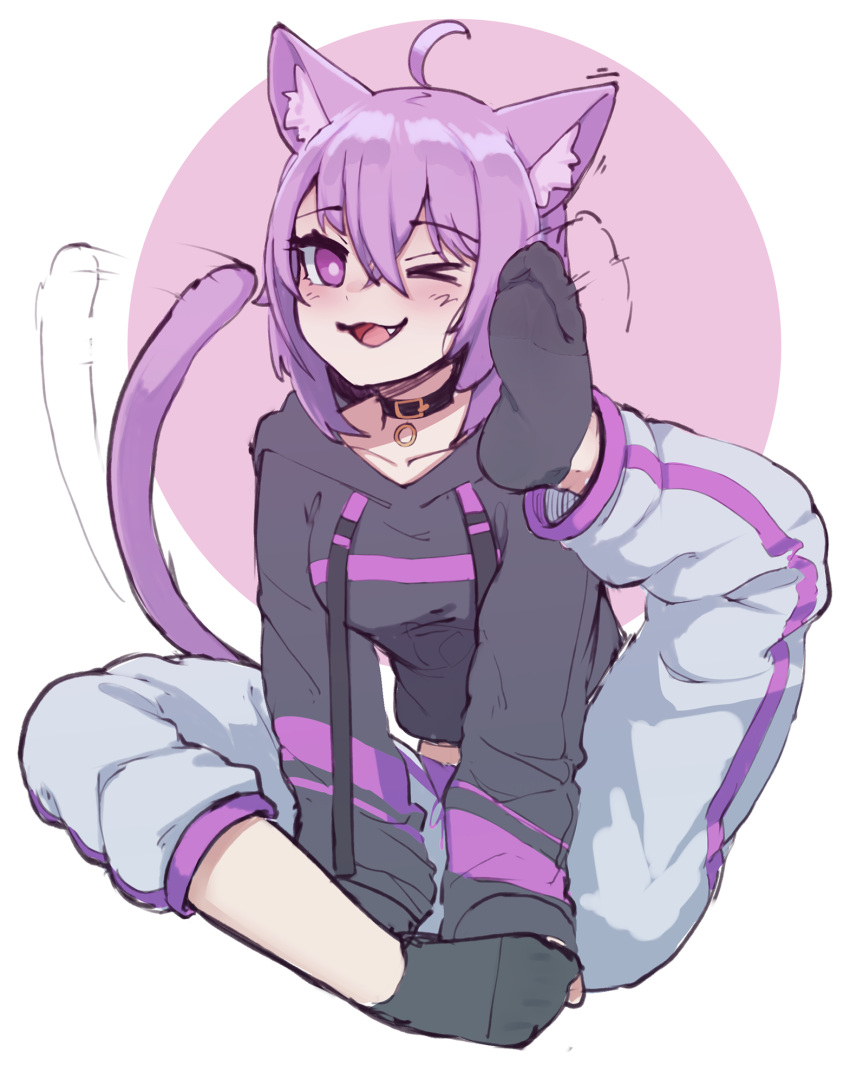 1girl animal_ear_fluff animal_ears black_collar black_hoodie cat_ears cat_girl cat_tail collar collarbone english_commentary foot_up highres hololive hood hoodie k-rha's looking_to_the_side nekomata_okayu one_eye_closed pants purple_hair reward_available scratching_head short_hair sitting socks soles solo sweatpants tail tail_wagging violet_eyes virtual_youtuber