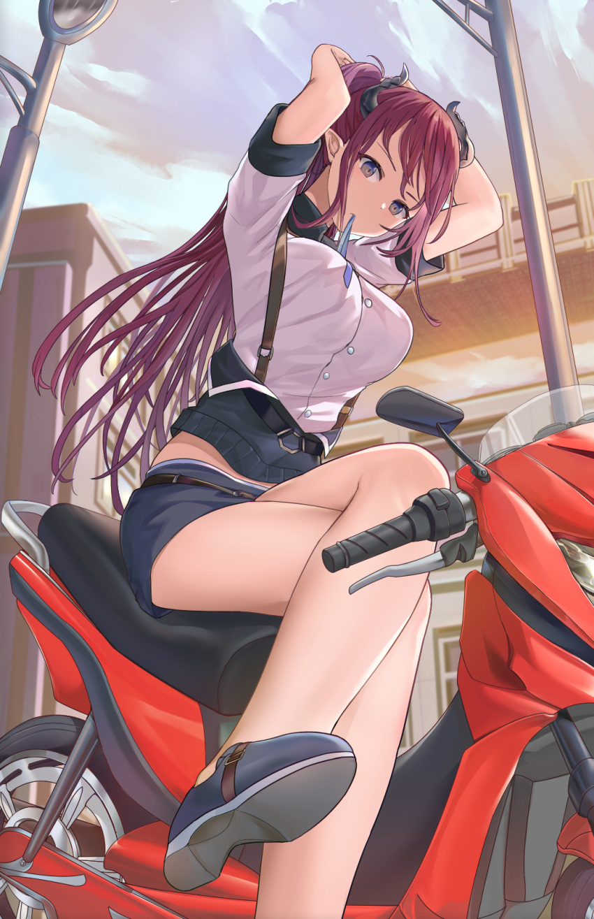 1girl arms_behind_head arms_up bare_legs belt black_shorts blue_eyes breasts crop_top crossed_legs demon_horns dress_shirt ground_vehicle highres horns large_breasts long_hair looking_at_viewer midriff mosta_(lo1777789) motor_vehicle motorcycle mouth_hold original outdoors pointy_ears ponytail purple_hair shirt shoes short_shorts short_sleeves shorts sitting solo suspenders thighs tying_hair white_shirt