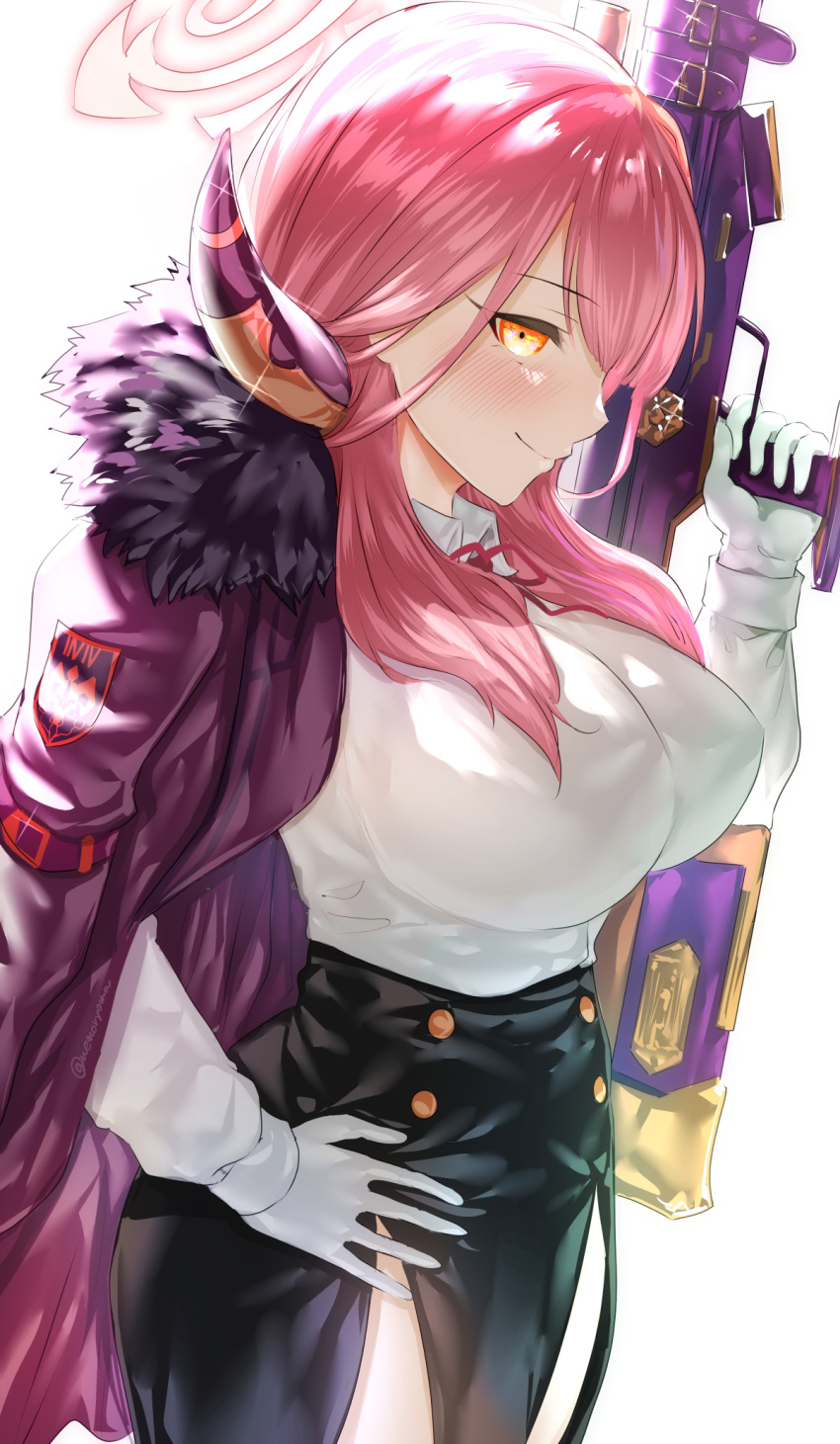 1girl aru_(blue_archive) bangs black_skirt blue_archive blush closed_mouth coat collared_shirt eyebrows_visible_through_hair from_side fur_trim gloves gun halo hand_on_hip highres holding holding_gun holding_weapon horns long_hair long_sleeves orange_eyes pink_hair purple_coat shirt simple_background skirt smile solo uenoryoma weapon white_background white_gloves white_shirt