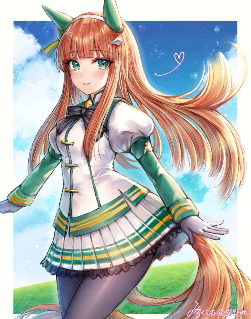 1girl animal_ears bangs black_legwear black_ribbon blue_sky blunt_bangs blush clouds cowboy_shot eyebrows_visible_through_hair frilled_skirt frills gloves green_eyes hair_ornament hairband heart highres horse_ears horse_girl horse_tail long_hair long_sleeves looking_at_viewer mirukurim orange_hair outdoors pantyhose parted_lips ribbon silence_suzuka skirt sky smile solo tail twitter_username umamusume white_gloves