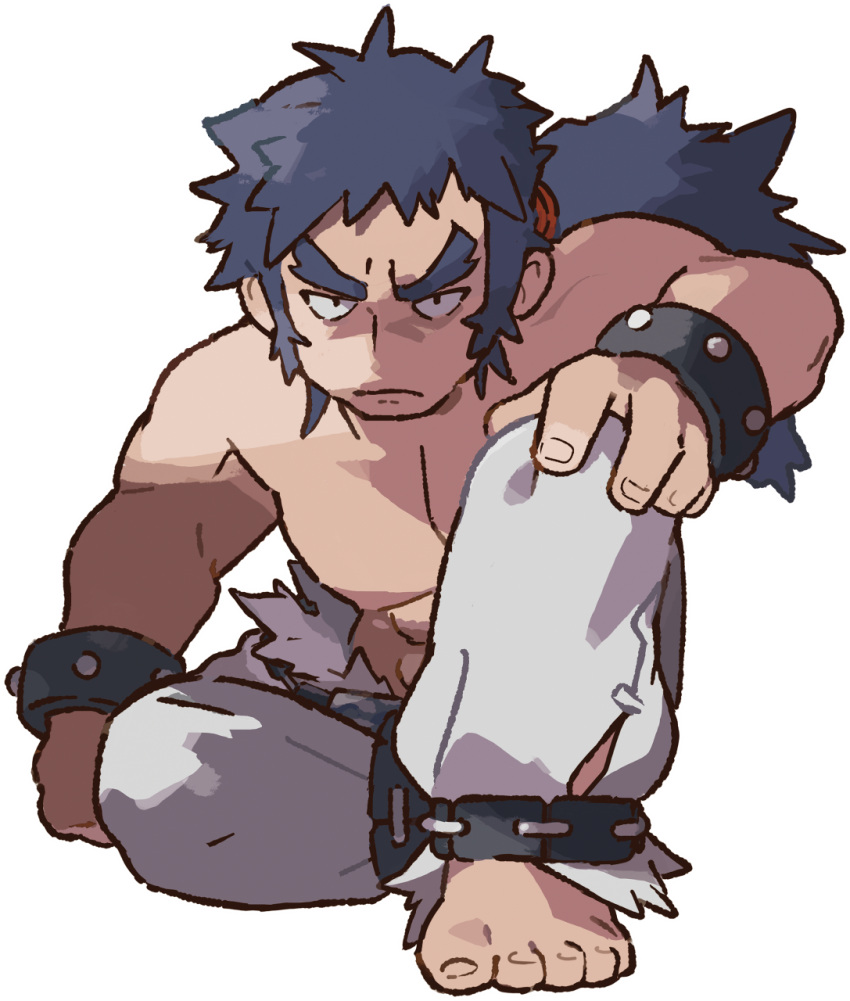 1boy abs arm_support artist_request barefoot black_eyes black_hair bruno_(pokemon) closed_mouth elite_four fingernails full_body grey_pants hand_on_own_knee highres long_hair looking_at_viewer male_focus muscular muscular_male official_art pants pokemon pokemon_(game) pokemon_lgpe ponytail sitting solo tied_hair toes transparent_background