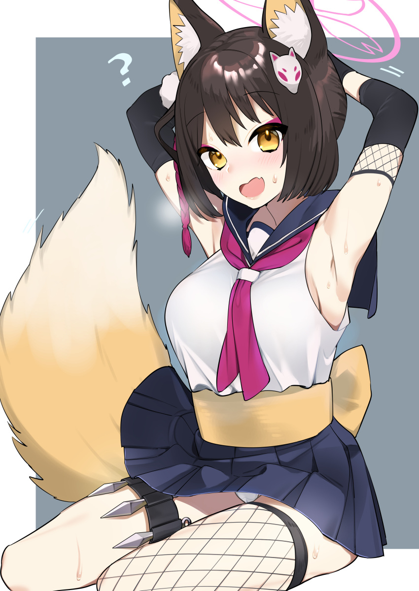 1girl ? absurdres animal_ear_fluff animal_ears armpits arms_behind_head arms_up bangs bare_shoulders black_hair blue_archive blue_skirt blush breasts brown_eyes commentary_request eyebrows_visible_through_hair fang fishnet_legwear fishnets fox_ears fox_girl fox_mask fox_tail highres izuna_(blue_archive) kunai looking_at_viewer mask mask_on_head medium_breasts omucchan_(omutyuan) open_mouth pleated_skirt shirt single_thighhigh sitting skirt sleeveless sleeveless_shirt solo sweat tail thigh-highs weapon white_shirt yokozuwari