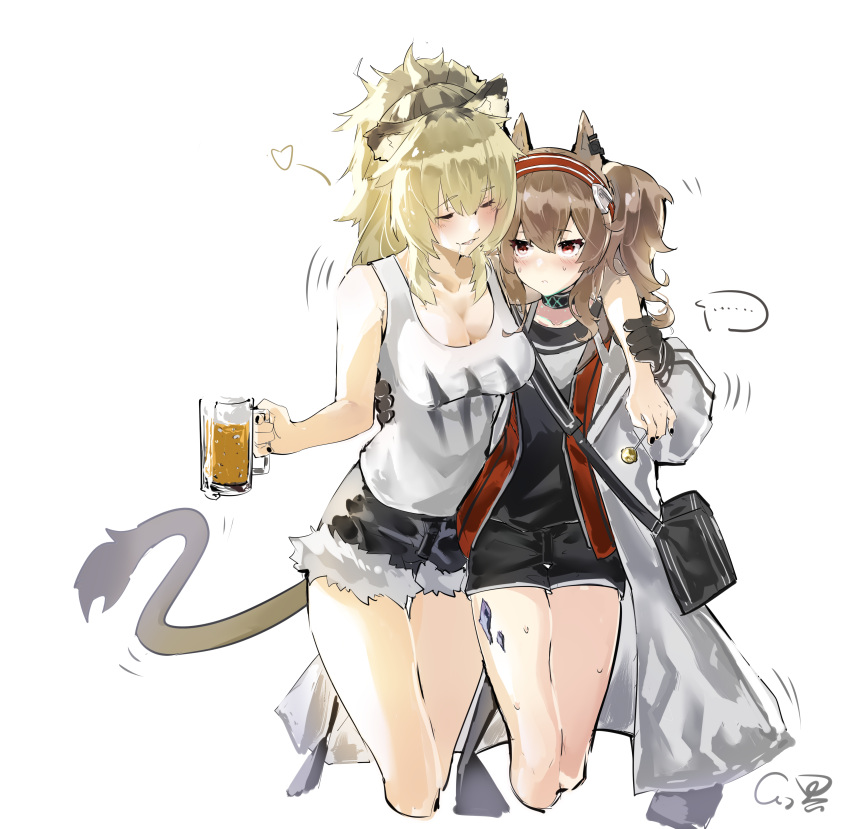 ... 2girls absurdres alcohol angelina_(arknights) animal_ears arknights beer beer_mug blush candy closed_eyes cup drunk food fox_ears fox_girl gloves headband highres jacket jacket_removed lion_ears lion_girl lion_tail lollipop mug multiple_girls oripathy_lesion_(arknights) shorts siege_(arknights) speech_bubble tail tank_top xiaohuanjie