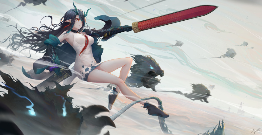 1girl arknights bangs bare_legs bare_shoulders black_footwear black_hair breasts commentary dress dusk_(arknights) highres holding holding_sword holding_weapon horns jay_xu left-handed long_hair long_sleeves medium_breasts orange_eyes pencil_dress pointy_ears red_neckwear shoes short_dress sleeveless sleeveless_dress solo sword thighs weapon white_dress wide_sleeves