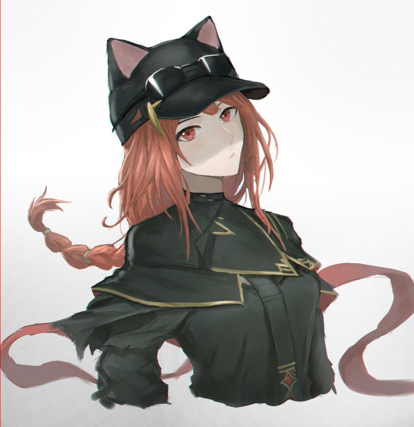 1girl absurdres animal_ears arknights ash_(rainbow_six_siege) baseball_cap braid braided_ponytail cat_ears eyewear_on_headwear fake_animal_ears hat highres long_hair looking_at_viewer official_alternate_costume rainbow_six_siege red_eyes redhead rz_ix solo sunglasses