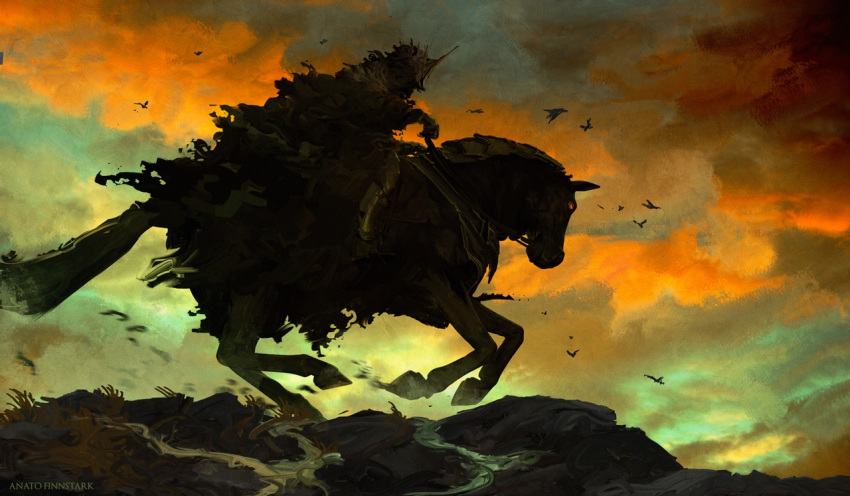 1boy anatofinnstark animal armor armored_boots artist_name bird black_cloak boots cloak clouds cloudy_sky crown from_side gauntlets helmet horse lord_of_the_rings nazgul outdoors red_eyes riding scenery sky torn_clothes