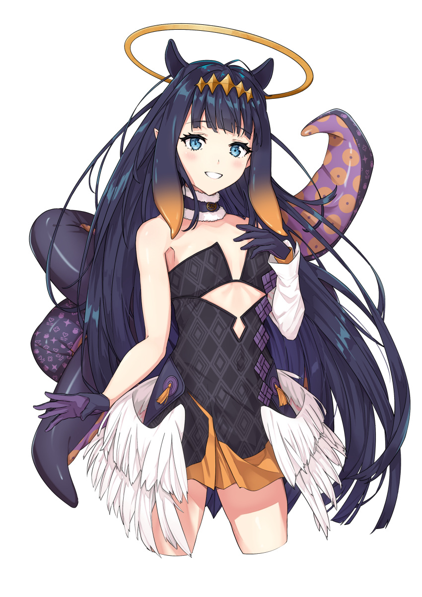 1girl absurdres bare_shoulders black_dress black_gloves black_hair blue_eyes brown_hair commentary cropped_legs detached_sleeves dress feathered_wings gloves gradient_hair grin halo highres hololive hololive_english long_hair long_sleeves looking_at_viewer low_wings multicolored_hair ninomae_ina'nis senguyen1011 simple_background single_detached_sleeve smile solo strapless strapless_dress tentacles very_long_hair virtual_youtuber white_background white_sleeves white_wings wings