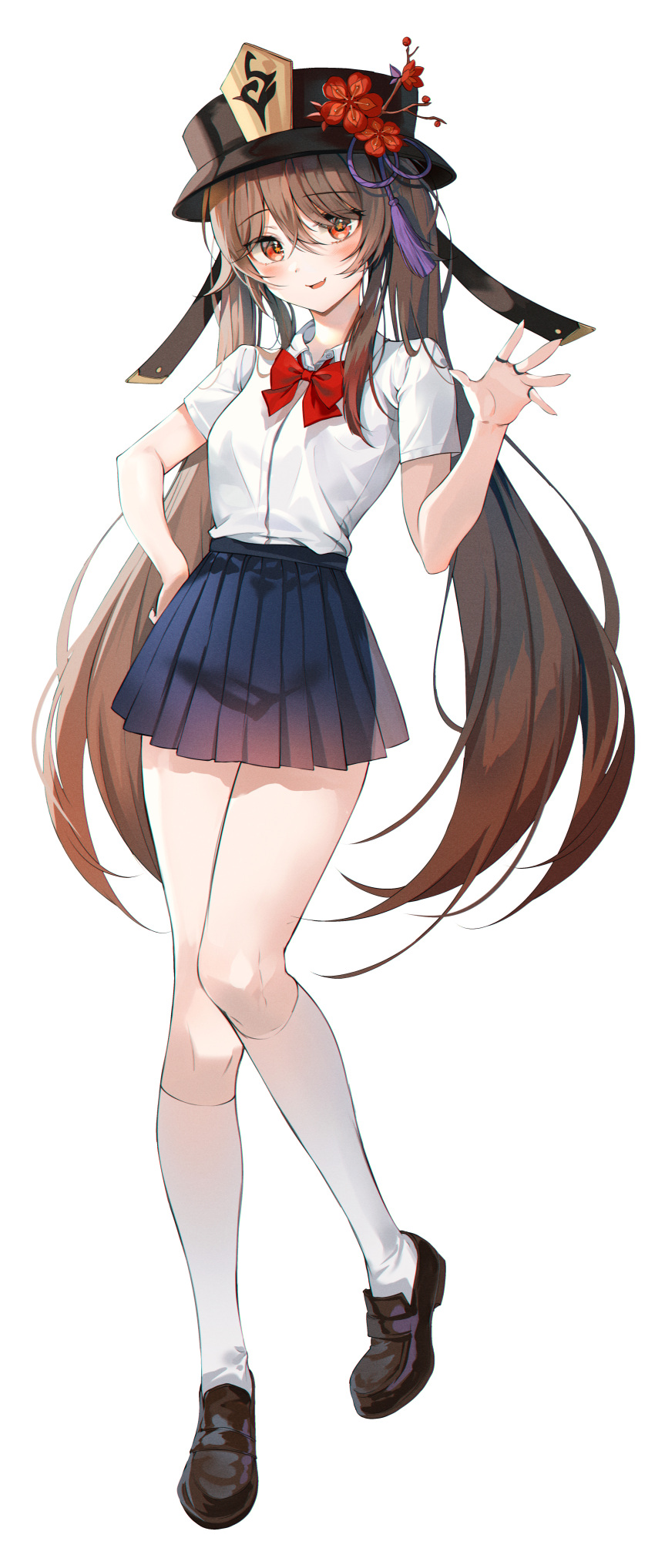 1girl absurdres bangs black_footwear black_headwear blue_skirt blush brown_hair collared_shirt eyebrows_visible_through_hair flower full_body genshin_impact hand_on_hip hand_up harusame_(user_wawj5773) hat hat_flower hat_ornament highres hu_tao kneehighs long_hair looking_at_viewer miniskirt parted_lips pleated_skirt red_eyes shirt shirt_tucked_in shoes short_sleeves simple_background skirt smile socks solo twintails waving white_background white_legwear white_shirt