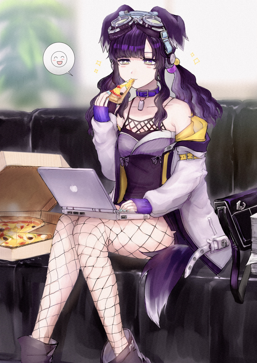 1girl absurdres animal_ears bag blue_archive collarbone computer dog_ears dog_tail eating fishnet_legwear fishnets food goggles goggles_on_head grey_eyes hibiki_(blue_archive) highres jacket laptop medium_hair pantyhose pizza pizza_box purple_hair sitting smiley_face solo tail