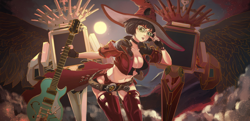 1girl absurdres belt black_choker black_gloves black_hair boots choker electric_guitar fingerless_gloves gloves guilty_gear guilty_gear_strive guitar hat highres huge_filesize i-no instrument jacket midriff red_headwear red_jacket red_legwear sergio_nhur short_hair sunglasses thigh-highs thigh_boots witch_hat