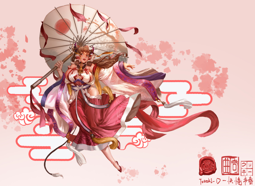 1girl absurdres alternate_costume bangs breasts brown_eyes brown_hair clothing_cutout clouds commentary_request cookie_(touhou) detached_sleeves full_body hair_tubes hakurei_reimu highres holding holding_umbrella horns huge_breasts japanese_clothes kanna_(cookie) long_hair looking_to_the_side oil-paper_umbrella open_mouth pink_background print_umbrella red_footwear red_skirt seal_impression shoes skirt solo tabard tassel tomovan touhou umbrella wax_seal white_sleeves wide_sleeves