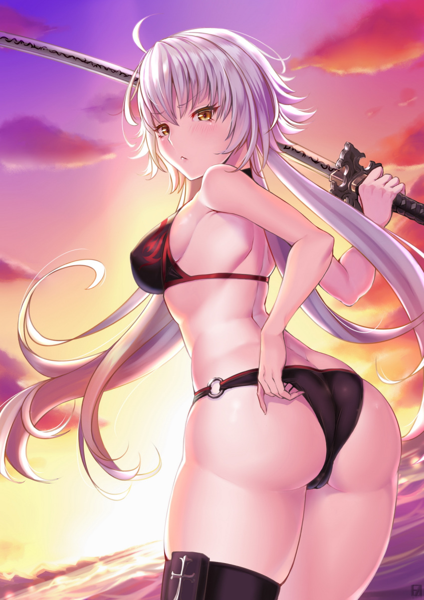 ahoge ass bikini black_bikini breasts dawn fate/grand_order fate_(series) highres holding holding_weapon jeanne_d'arc_(alter)_(fate) jeanne_d'arc_(alter_swimsuit_berserker)_(fate) jeanne_d'arc_(fate)_(all) katana long_hair looking_at_viewer panties seaside silver_hair sunday_se7en swimsuit swimwear sword underwear weapon yellow_eyes