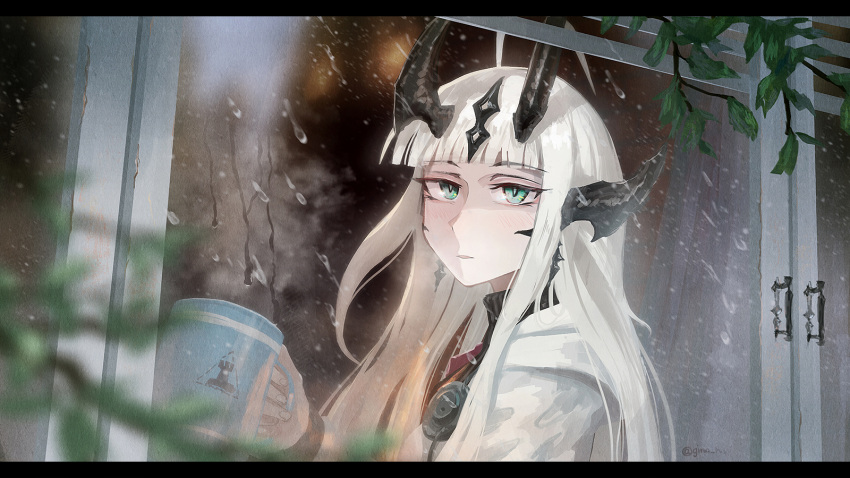 1girl arknights bangs blunt_bangs blurry blurry_foreground blush closed_mouth cup depth_of_field from_outside gino green_eyes highres holding holding_cup horns long_hair looking_at_viewer multiple_horns parted_lips rain reed_(arknights) slit_pupils solo upper_body white_hair window