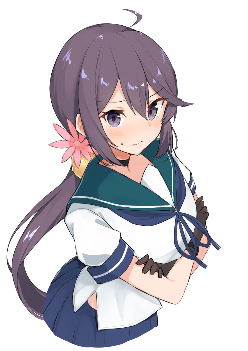 1girl akebono_(kancolle) bell black_neckwear blue_sailor_collar blue_skirt brown_gloves choker commentary_request cowboy_shot crossed_legs flower gloves grey_eyes grey_hair hair_bell hair_flower hair_ornament highres jingle_bell kantai_collection long_hair looking_at_viewer pleated_skirt remodel_(kantai_collection) sailor_collar sakikumo_(sakumo) school_uniform serafuku short_sleeves side_ponytail simple_background skirt solo very_long_hair white_background