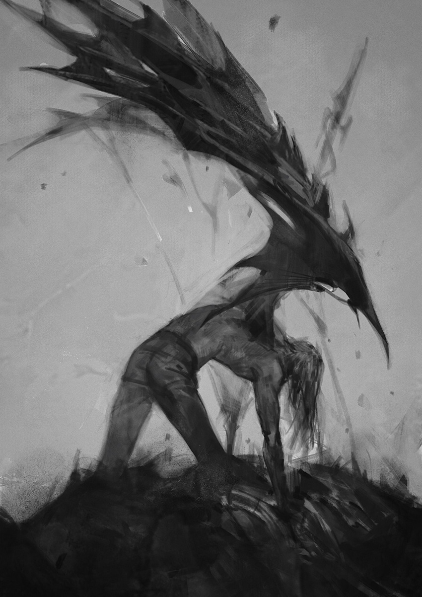 1boy dragon_wings elezen elf estinien final_fantasy final_fantasy_xiv greyscale highres holding holding_polearm holding_spear holding_weapon long_hair male_focus monochrome painterly pointy_ears polearm shirtless single_wing solo spear sukiri torn torn_wings weapon wings
