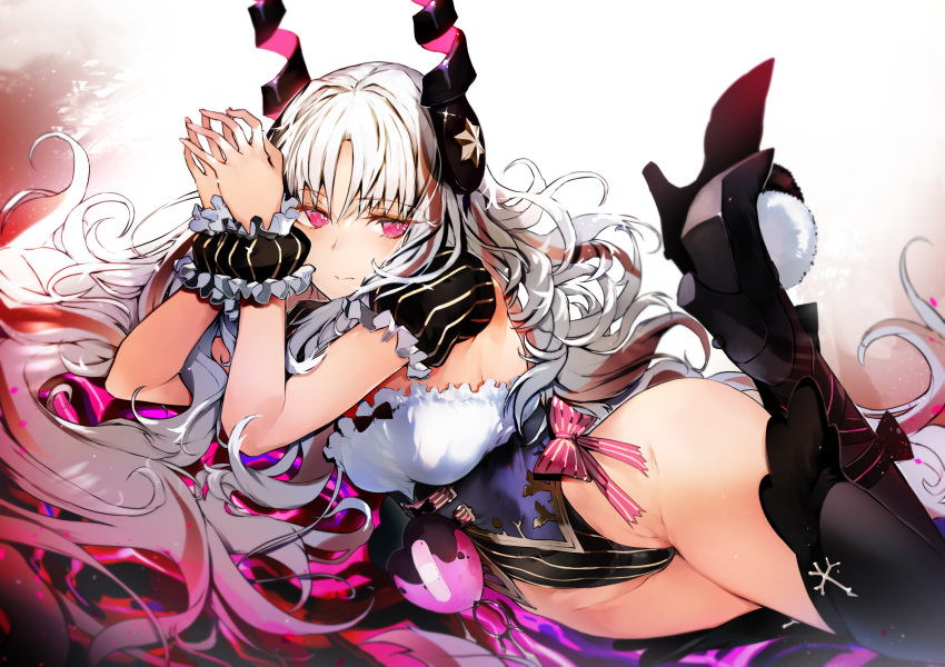 1girl bangs black_legwear bow breasts caren_hortensia caren_hortensia_(amor_caren) corset fate/grand_order fate_(series) frills hair_ornament highleg highleg_leotard highres leotard long_hair looking_at_viewer medium_breasts nishiide_kengorou pink_bow pink_eyes puffy_short_sleeves puffy_sleeves short_sleeves thigh-highs thighs very_long_hair wavy_hair white_hair wrist_cuffs