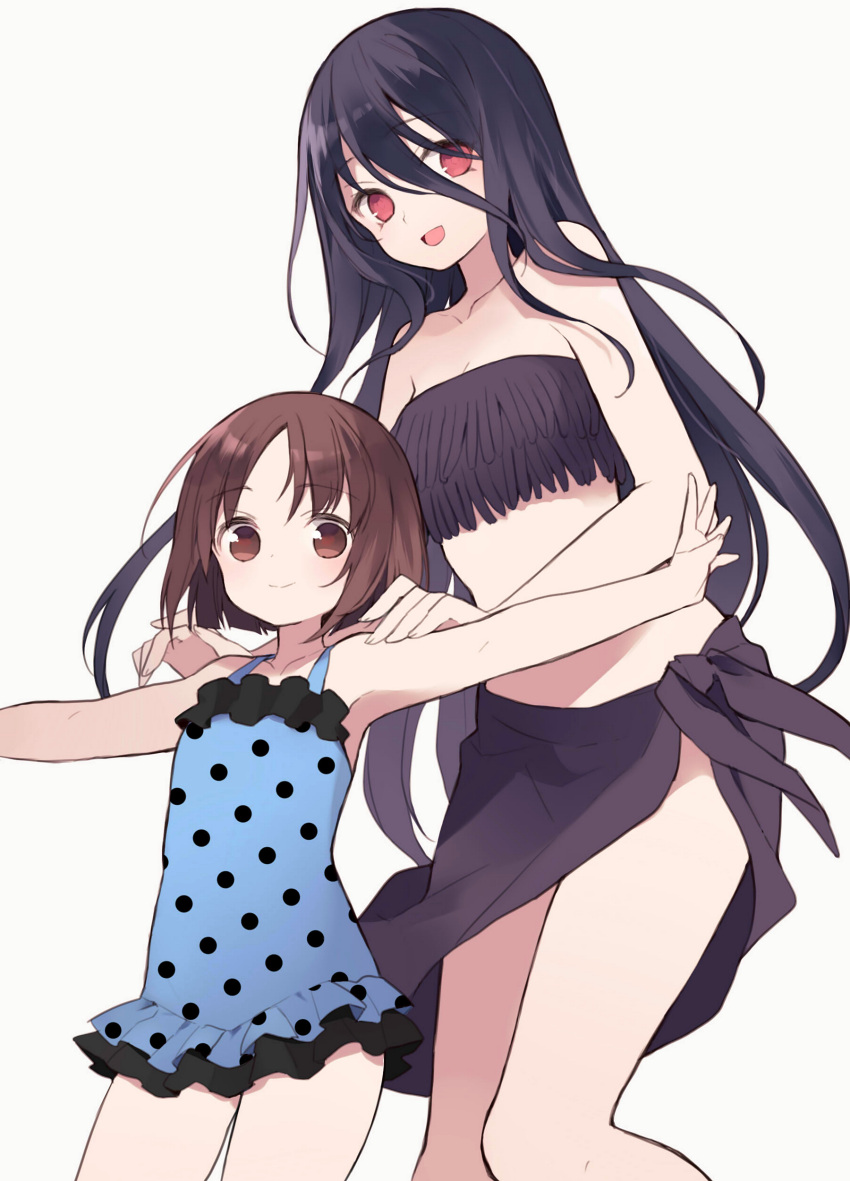 2girls absurdres anetai_toyone bikini black_bikini black_hair black_sarong blue_swimsuit bob_cut brown_eyes brown_hair closed_mouth frilled_swimsuit frills fringe_trim hair_between_eyes hands_on_another's_shoulders height_difference highres itsumi_(itumiyuo) kakura_kurumi looking_at_viewer multiple_girls one-piece_swimsuit open_mouth polka_dot polka_dot_swimsuit red_eyes saki sarong short_hair simple_background smile standing strapless strapless_bikini swimsuit white_background