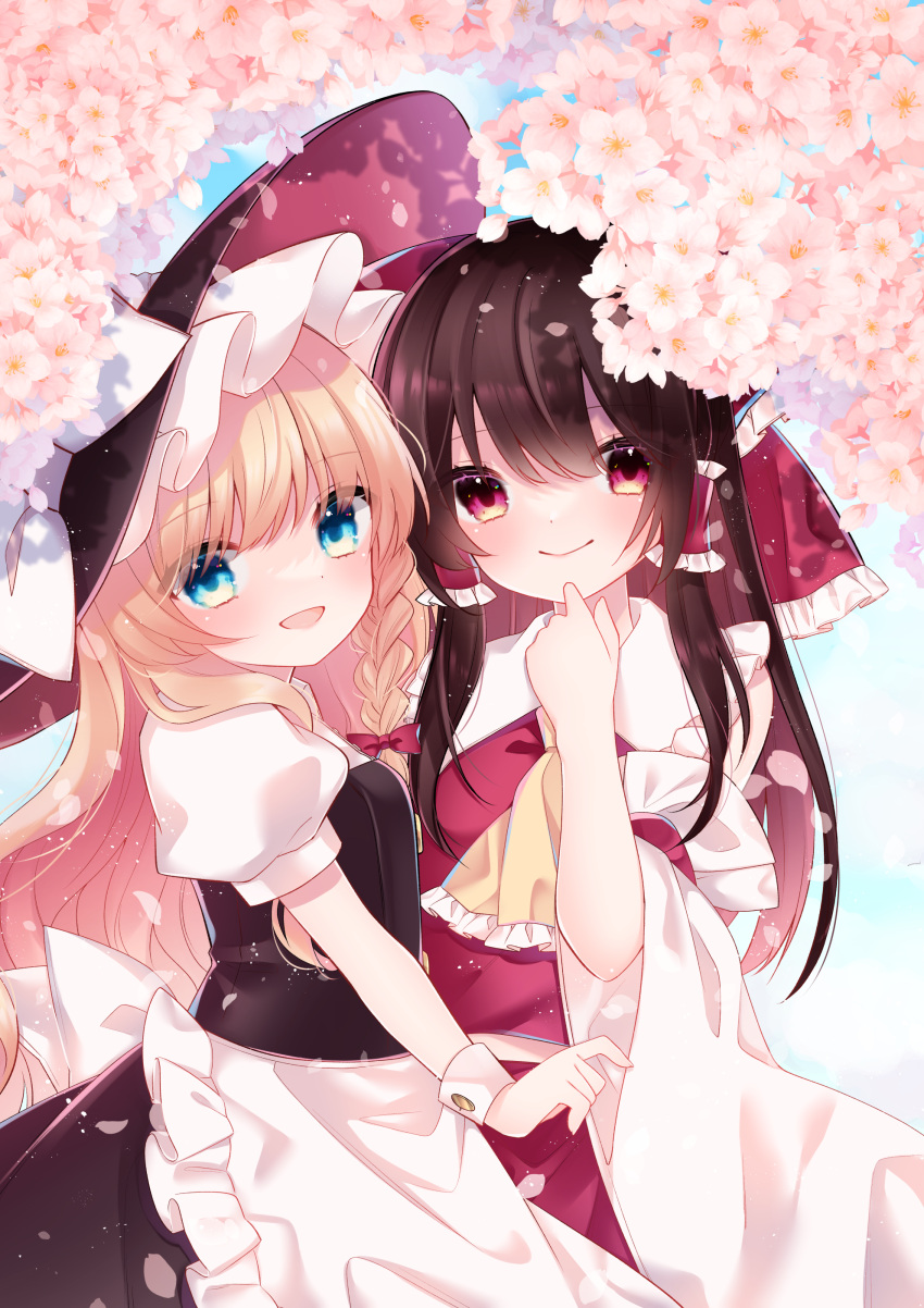 2girls absurdres alternate_eye_color apron arm_up bangs black_hair black_headwear black_skirt black_vest blonde_hair blue_eyes blue_sky braid cacao_(cacaomgmg) cherry_blossoms colored_inner_hair commentary_request cowboy_shot cravat day detached_sleeves eyebrows_visible_through_hair hair_between_eyes hair_ribbon hakurei_reimu hand_on_own_chin hat highres kirisame_marisa long_hair looking_at_viewer multicolored_hair multiple_girls open_mouth outdoors partial_commentary petals puffy_short_sleeves puffy_sleeves red_eyes red_skirt red_vest ribbon shirt short_sleeves single_braid skirt sky smile standing touhou tree under_tree very_long_hair vest waist_apron white_shirt witch_hat wrist_cuffs yellow_neckwear